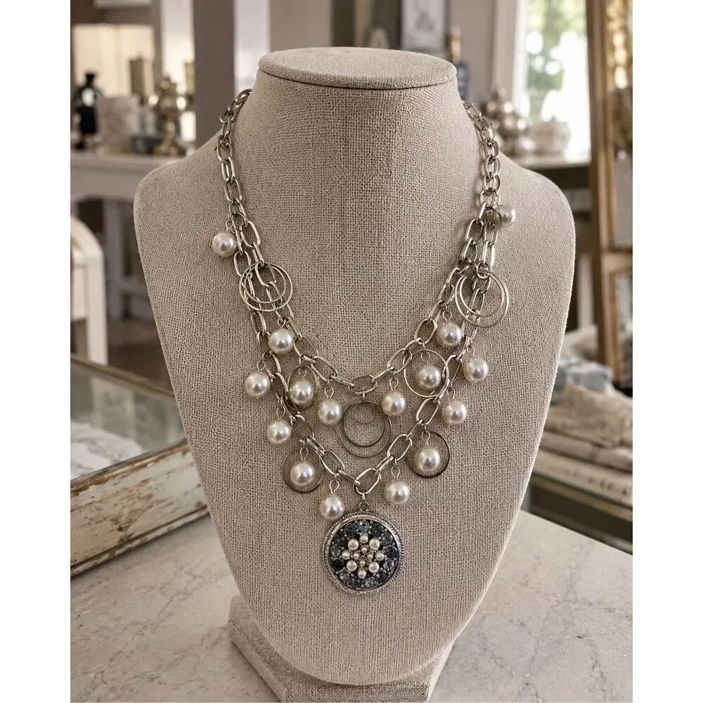 Orbital Gemstone Medallion Faux Pearl & Crystal Bib Necklace